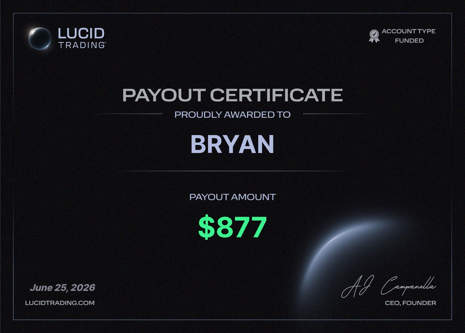 $877 — Bryan · Lucid Trading
